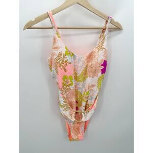 Breaking Waves Pink Floral Belted One Piece Swimsuit‎ Women's Size Medium M NWT